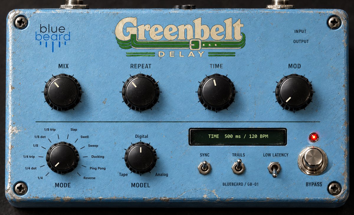 Greenbelt Delay: a worn blue stompbox interface with Mix, Repeat, Time and Mod knobs, a twelve-position Mode selector, a three-position Model selector, a green readout showing TIME 500 ms / 120 BPM, and Sync, Trails and Low Latency switches.
